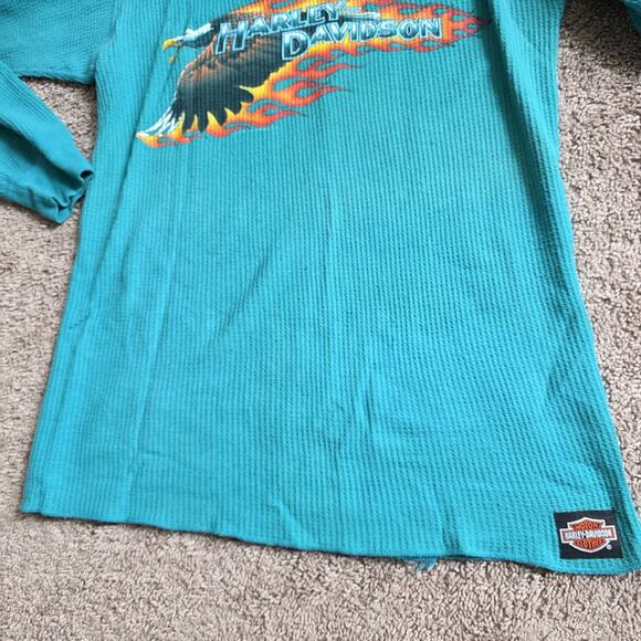 Vintage 90s Harley Davidson Teal Thermal Waffle Knit Top XL Flames Eagle 1993 - Picture 6 of 13